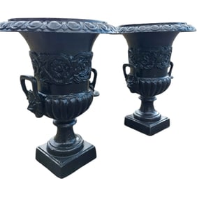 Pair of Antique Cast Iron Urn Planters, Classic European Lions Head Motif