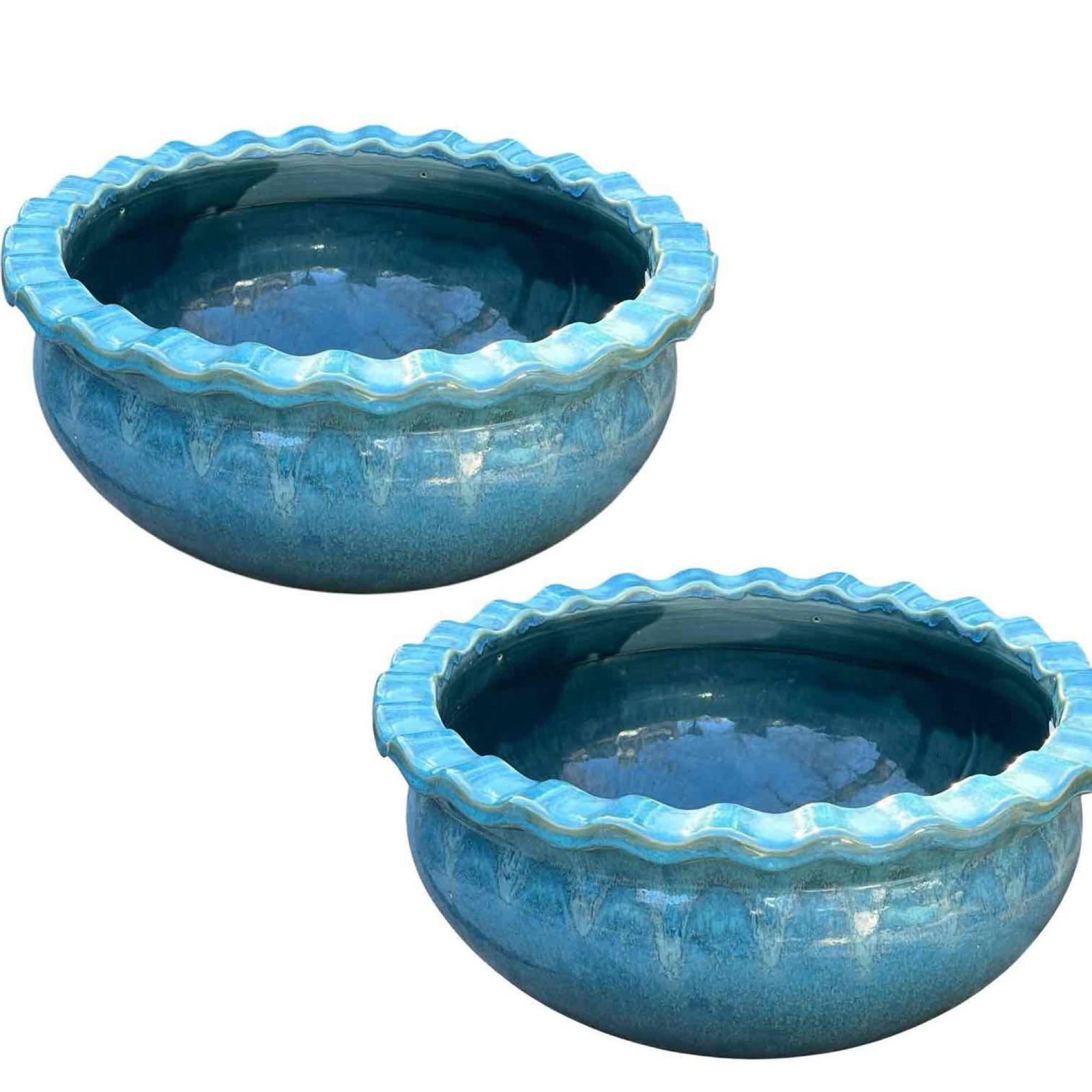 Pair of Handcrafted Ceramic Planters or Decorative Bowls – Vibrant Blue Glazed, Wavy Rim (1 of 7)