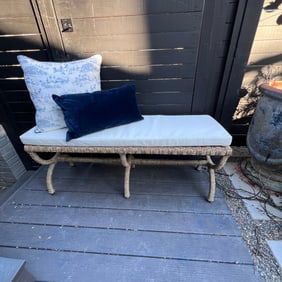 Handmade Natural Woven Fiber Bench with Off-White Cushion, In the Style of Serena and Lily, 1 of 2