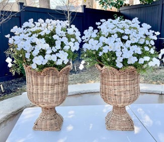 Pair of Handwoven Rattan Pedestal Planters, In the Style of Serena & Lily