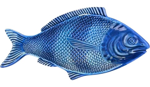 Set of 2 Oversized Fish-Shaped Blue Melamine Serving Trays