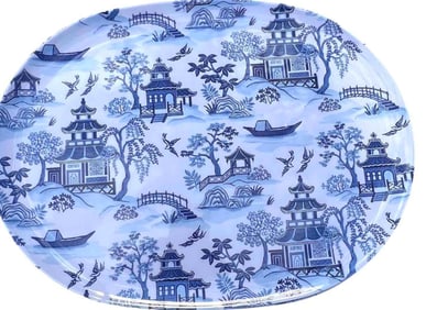 Set of 3 Oval Melamine Serving Trays – Blue & White Chinoiserie in the Style of Blue Willow