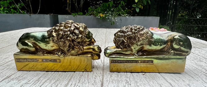 A Pair of Cast Brass Lion Bookends, After Antonio Canova (1757-1822)