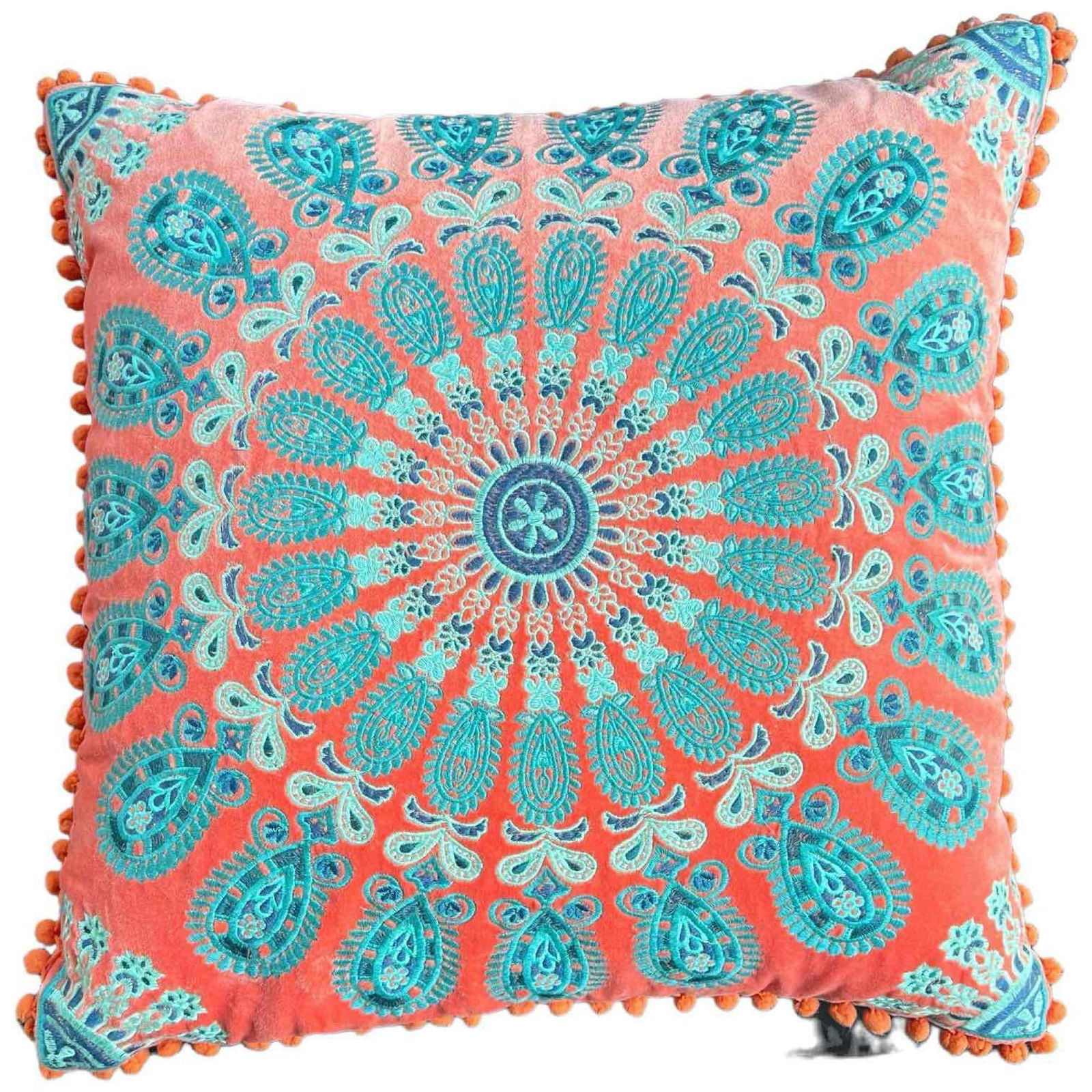 Pair of Boho Accent Pillows Paisley Embroidered Velvet Orange and Teal embroidery (1 of 10)