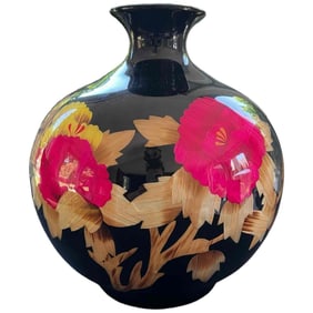 Vibrant Chinese Vase Black High Gloss Finish, Pink and Gold Floral  Pattern with Gold Characters