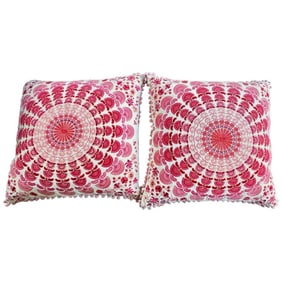 Pair of Boho Mandala Accent Pillows Cream Velvet with Pink Mandala Pattern embroidery, New