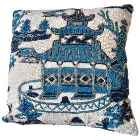 Pair of Blue and White Chinoiserie Beaded Throw Pillows with Inserts