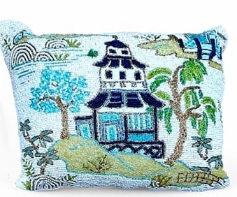 Pair of Chinoiserie Pagoda Motif Beaded Lumbar Decorative Pillows