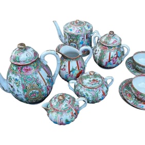 Vintage Famille Rose Medallion Tea Pot, Coffee Pot, Creamer, Sugar Set