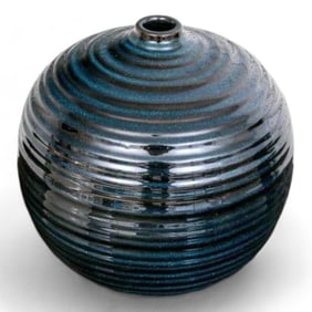 Round Globular Bus Vase, Navy Glazed Ceramic Vase