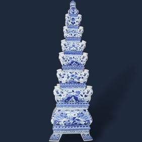 Tall Jingdezhen Blue and White Chinoiserie Porcelain Pagoda Tulipiere Vase Set