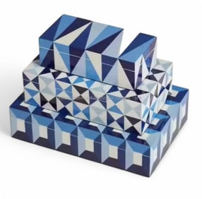 Set of Three Blue Bone Inlay Decorative Storage Boxes in the Style of Jonathan Adler