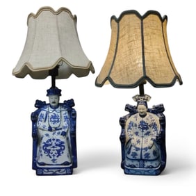 Pair of Blue and White Jingdezhen Porcelain Emperor & Empress Table Lamps