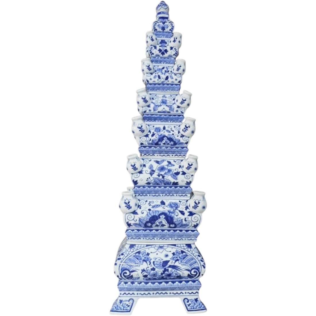 Hand-Painted Jingdezhen Tall Blue and White Tulipiere Tall Tower Vase: A multi-tiered porcelain tulipiere, hand-painted in the Jingdezhen region in traditional blue and white floral motifs. This pagoda-inspired structure is designed for displaying fresh or dr