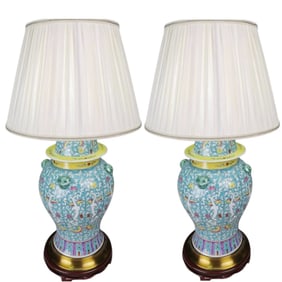 Pair of Hand-Painted Jingdezhen Porcelain Table Lamps Ginger Jar with Fo Dog Top