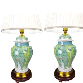 Bok Choy Famille Verte Lamp Pair, Hand-Painted Jingdezhen Porcelain