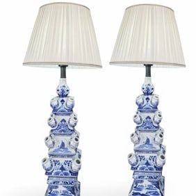 Pair of Hand-Painted Jingdezhen Porcelain Tulipiere Vase Lamp, Blue & White, 1 of 2 Lots