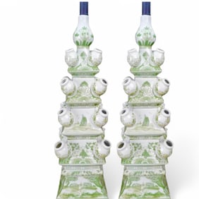Pair of Hand-Painted Jingdezhen Porcelain Tulipiere Vase Lamp, Green & White