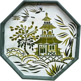 Lacquered Serving Tray with Shell Appliqué and Pagoda Design, Green & White