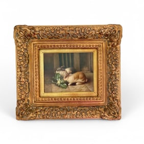 Original Painting: Two Rabbits Eating Cabbage in Ornate Gilded Frame