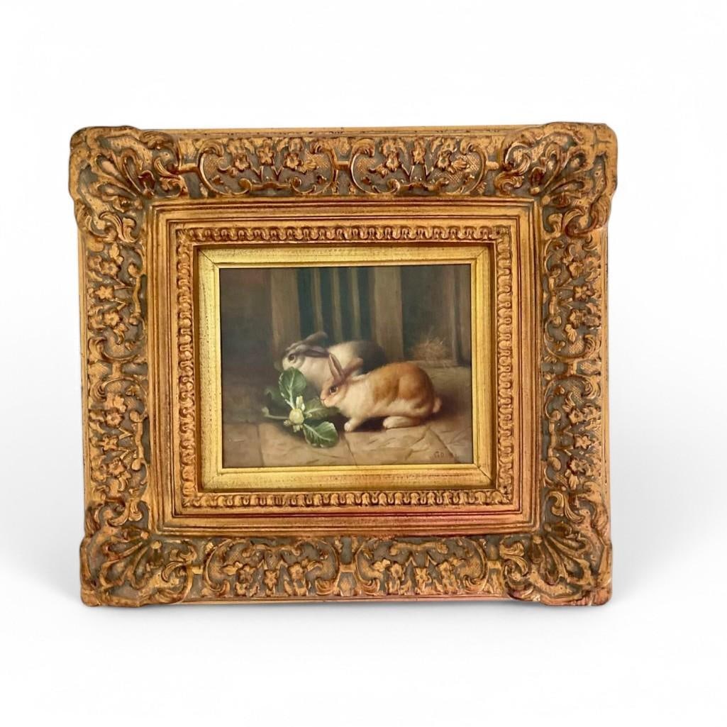 Original Painting: Two Rabbits Eating Cabbage in Ornate Gilded Frame (1 of 5)