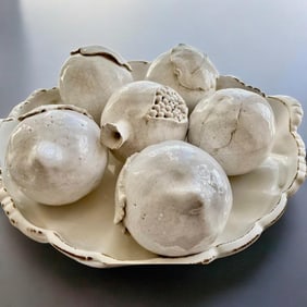 Off-White Distressed Footed Ceramic Bowl with Pomegranate Design