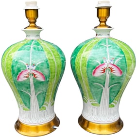 Pair of Famille Verte “Bok Choy” Motif Porcelain Lamps with Butterflies and Insects