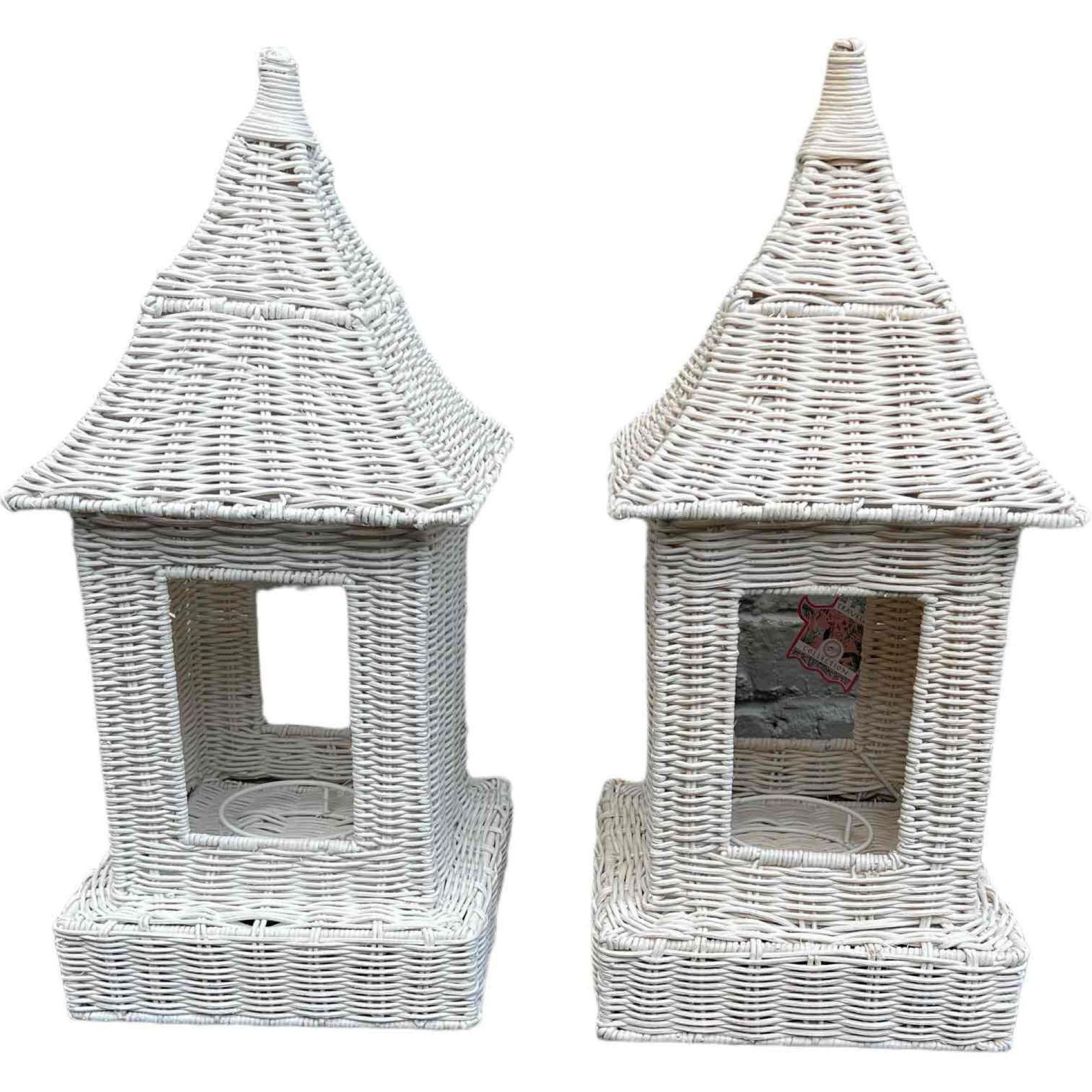 Pair of Brand New Wicker Pagoda-Style Lanterns – White: Pair of Brand New Wicker Pagoda-Style Lanterns – White This pair of brand new pagoda-style wicker lanterns blends traditional Asian-inspired design with modern craftsmanship. Their intricate woven w