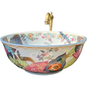 Hand-Painted Tobacco Leaf Porcelain Sink Basin