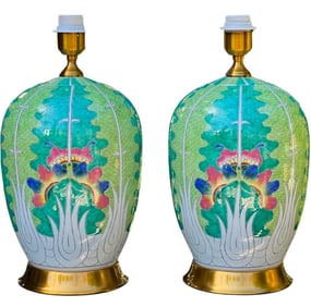Pair of Hand-Painted Bok Choy Famille Verte Porcelain Lamps