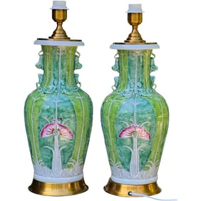 Pair of Hand-Painted Famille Verte Bok Choy Porcelain Lamps Jingdezhen China