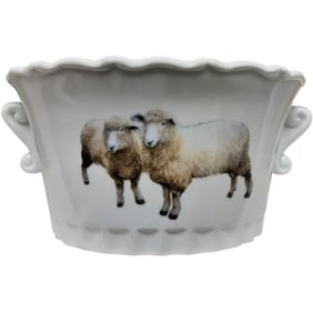 Porcelain Sheep Motif Cache Pot Planter – 7" with Scrolled Handles