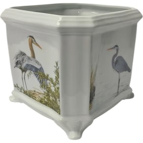 French-Style Square Porcelain Cachepot -  Nesting & Wading Heron Design