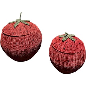 Pair of Handwoven Lidded Strawberry Motif Storage Baskets, Brand New