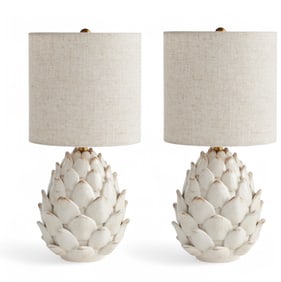Artichoke-Inspired White Ceramic Table Lamp, 16", a Pair