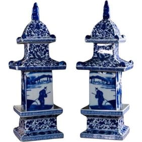 Pair of Hand-Painted Jingdezhen Blue and White Porcelain Pagoda Statues