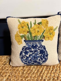 Pair of 100% Wool Hooked Pillows – Daffodils in CHinoiserie Blue and White Vase