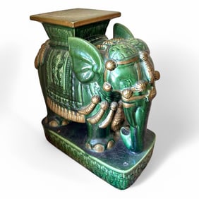 Vintage Chinese Porcelain Elephant Garden Stool – Green & Gilt, circa 1960s