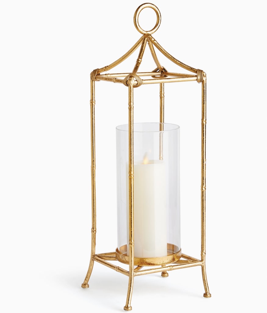 Antique Gold Chinoiserie-Style Lanterns, a Pair: A refined take on Chinoiserie design, this elegant lantern features a bamboo-inspired iron frame in