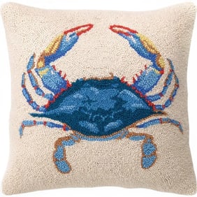 Pair of 100% Wool Hooked Accent Pillows – Blue Crab Sq