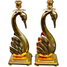 Pair of Vintage Brass Swan Candleholders