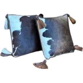 Pair of Cowhide and Leather Throw Pillows with Tassels