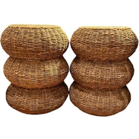 Pair of Handmade Wicker Round Side Tables or Plant Stands, In the Style of Serena and Lily