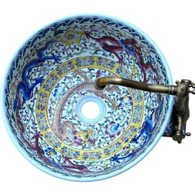 Hand-Painted Dragon Motif Porcelain Sink Basin