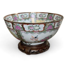 Hand-Painted Rose Medallion Porcelain Bowl or Cache Pot