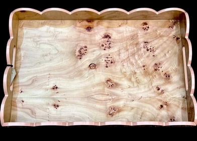 Lacquered Burled Wood Rectangle Serving Tray, Scalloped Edge