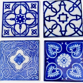 Set of 4 Hand-Painted Blue and White Porcelain Coasters