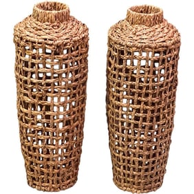 Pair of Hand-Made Rattan Woven Vases – 30" H