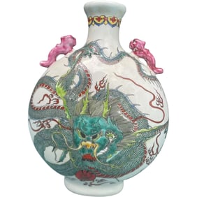 Pair of Hand-Painted Jingdezhen Moon Flask Vases – Famille Rose Dragon Motif