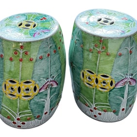Pair of Famille Verte Bok Choy Pattern Porcelain Garden Stools – Hand-Painted in Jingdezhen
